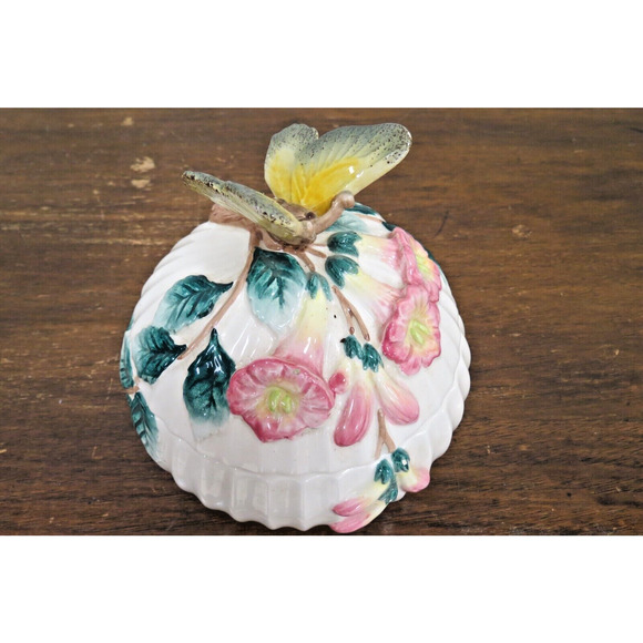 Fitz & Floyd Trinket Or Candy Dish Floral Green Leaves & Butterfly Handle 1992 - Picture 2 of 10